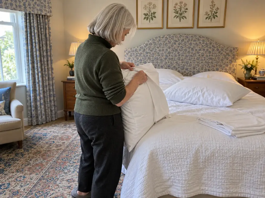 Woman pulling a plain white cotton case over a pillow at the side of a made bed in an English-country bedroom