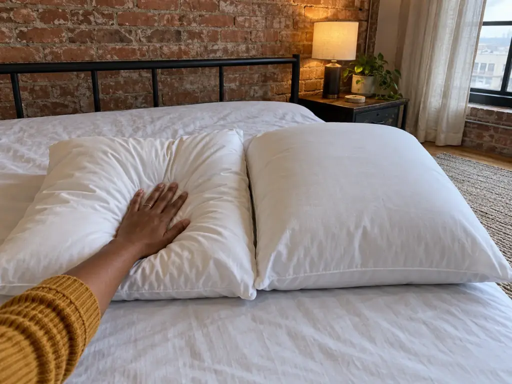 A slumped feather pillow and a firmer molded pillow side by side on a bed, a hand pressing into the soft one