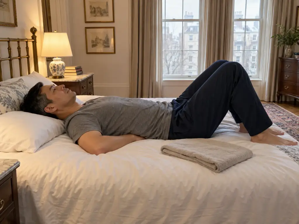 Man lying on his back on a made bed, one flat hand slid under his lower back to feel the space at his waist