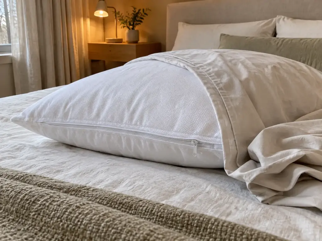 One pillow with its case drawn halfway off, the closed protector beneath, and the case folded beside it