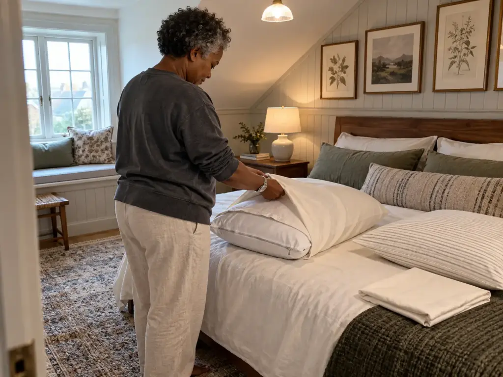 Woman pulling a cotton pillowcase over a pillow that already wears its zippered protector