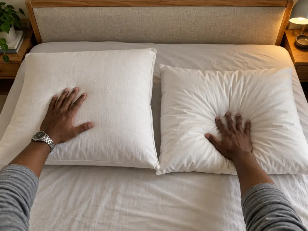 A hand pressing into a soft pillow that sinks beside a taller firm pillow that holds its height