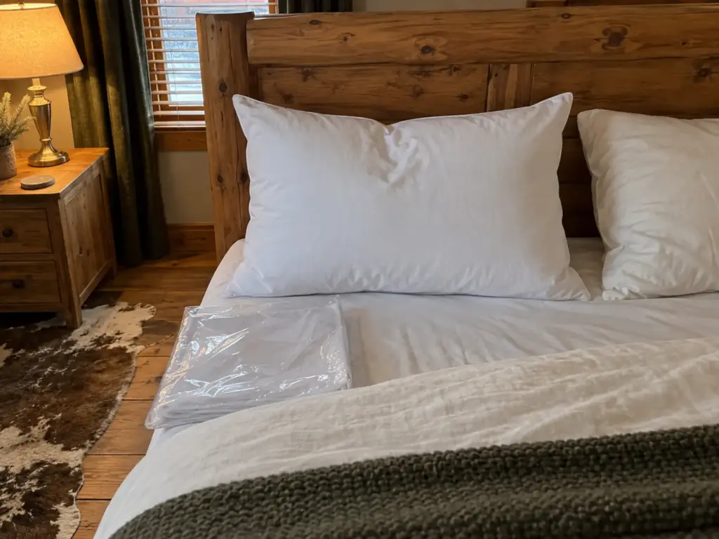 New pillow with crisp shipping creases at its corners and one soft dent, beside a folded plastic bag on a made bed