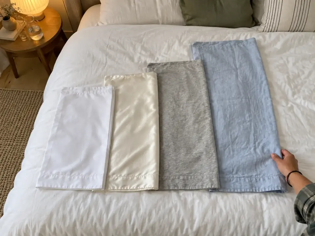 Four pillowcases laid flat on a bed with their open ends stepping out to show four different lengths, a hand placing the last