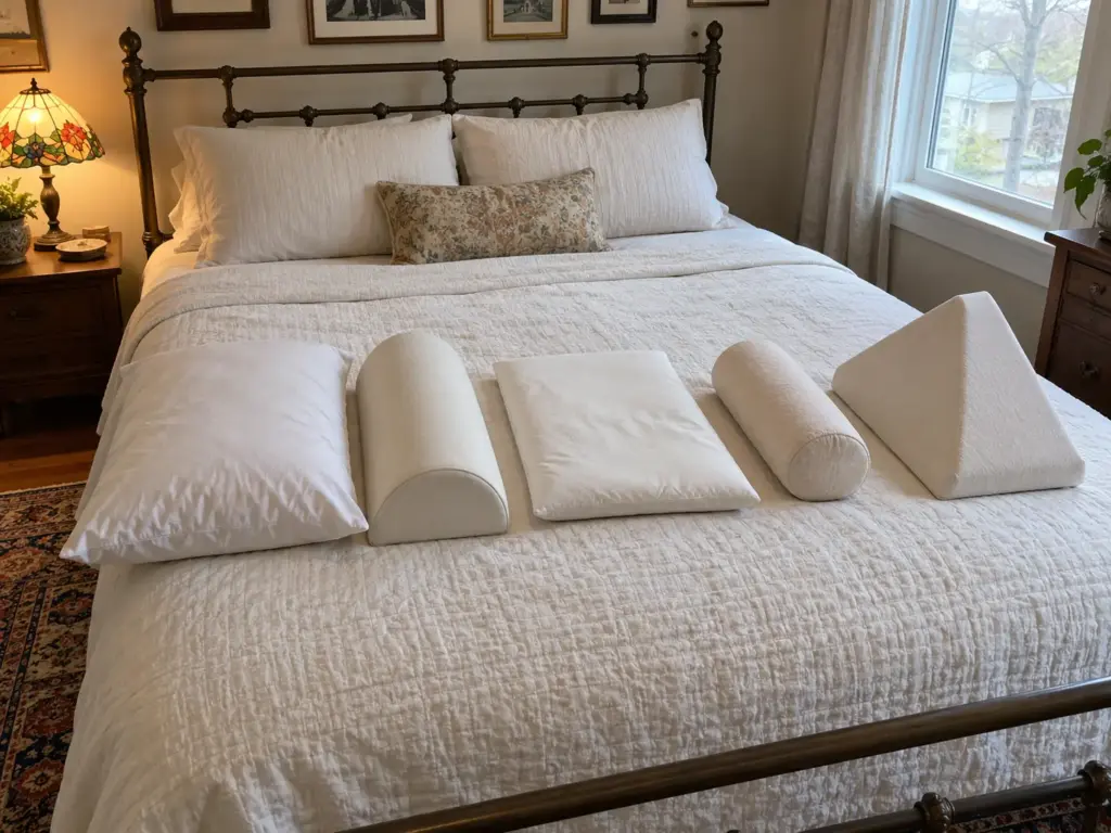 Five different pillow shapes laid out in a row on a made bed in a bungalow bedroom