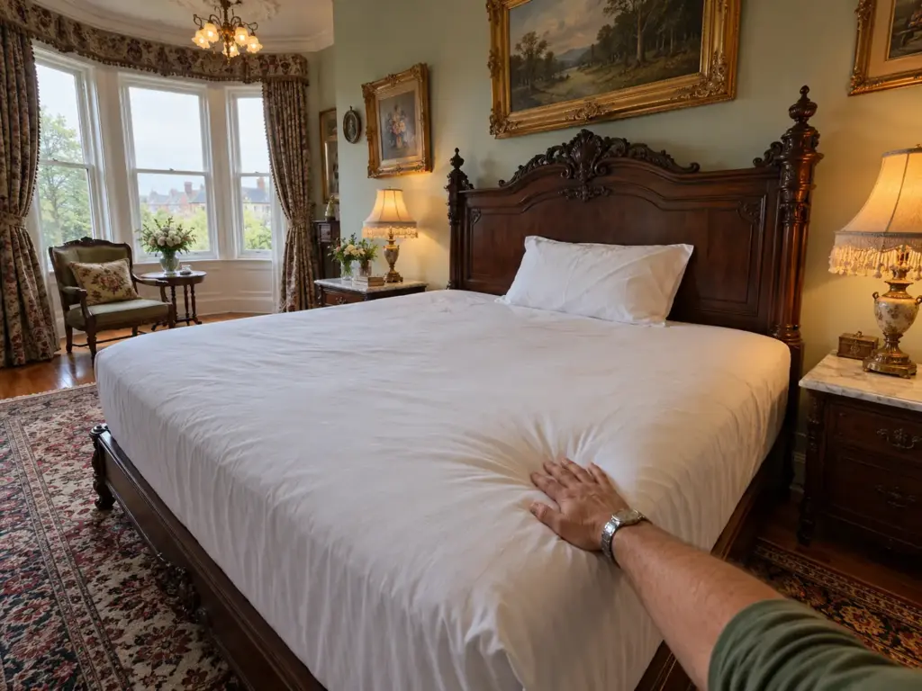 A hand pressing the mattress beside a standing pillow on a made queen bed in a Victorian bedroom