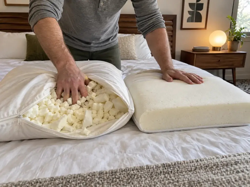 Hands pushing into an open pillow of loose foam pieces beside a solid foam slab on a made bed