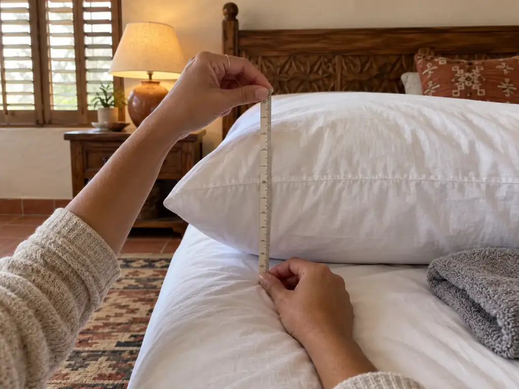 Hands holding a cloth measuring tape upright against the side of a bed pillow to read its height on a made bed