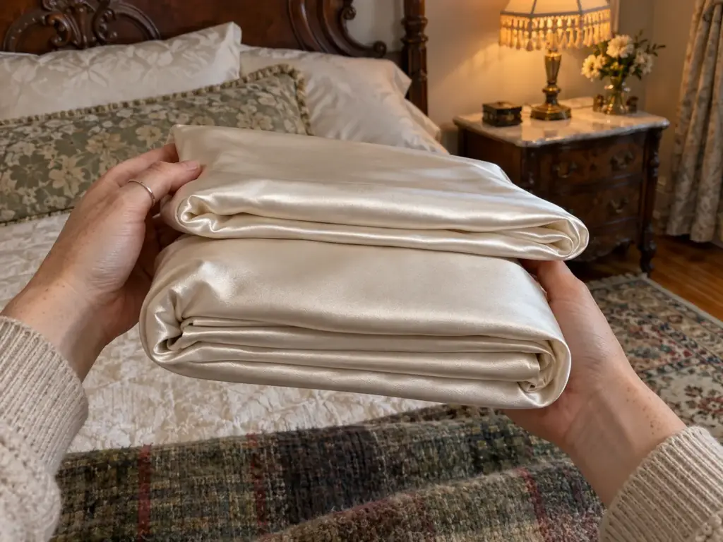 Hands holding two folded silk pillowcases with staggered edges, one visibly thicker than the other