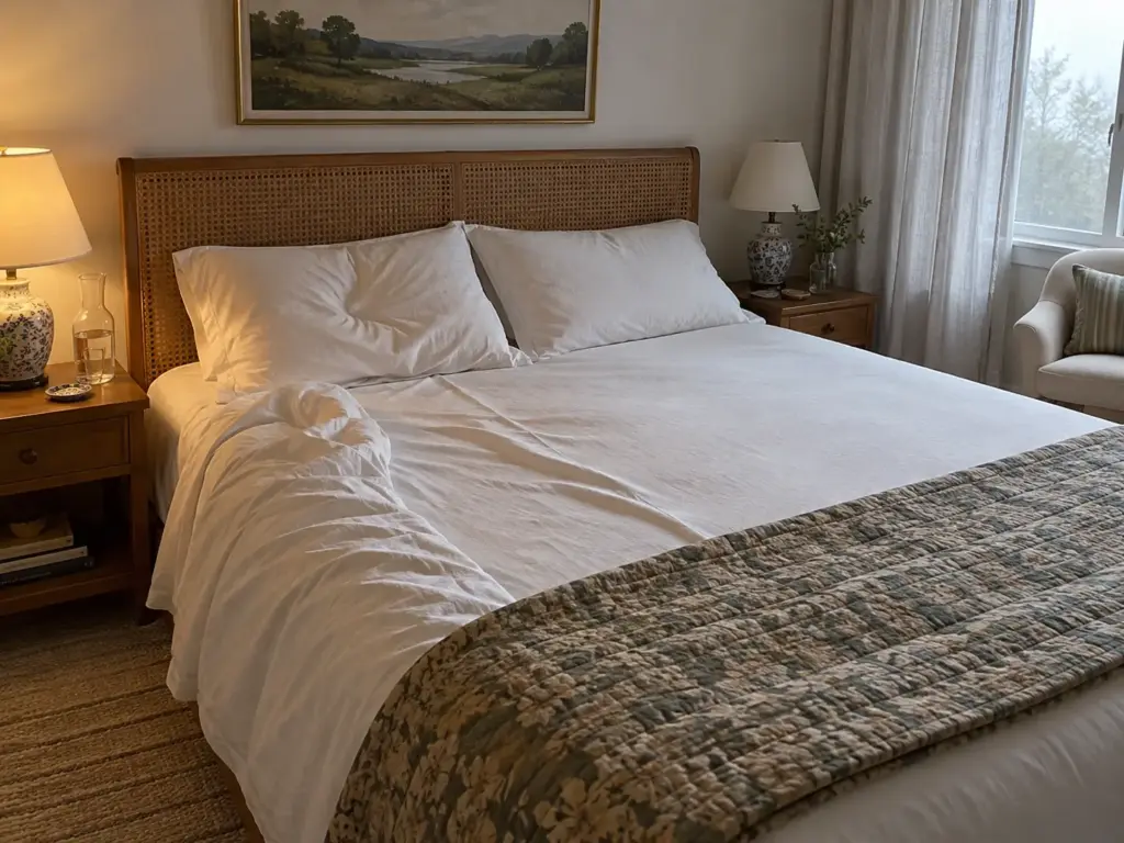 Slept-in queen bed in the morning with a long crease across the bottom sheet and one deep dent in a pillow