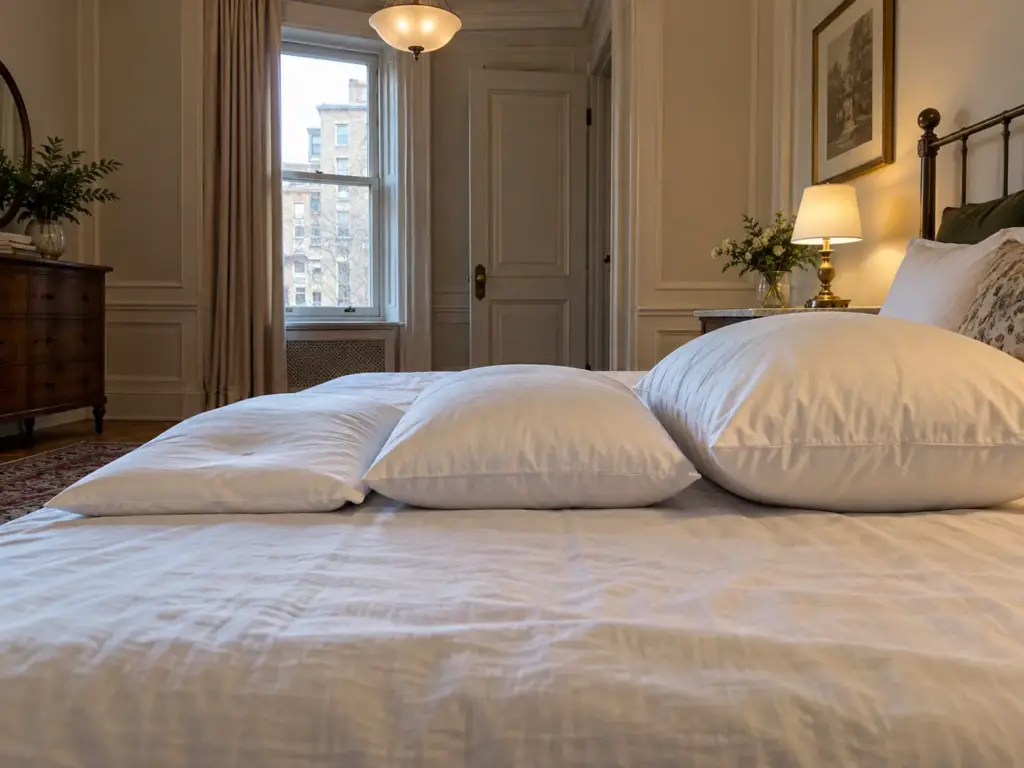 Three pillows lined up on a made bed from a very thin slab to a tall plush one, thicknesses stepping up left to right