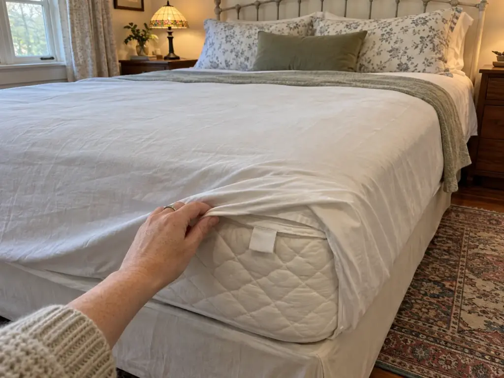 A hand lifts a fitted sheet corner to show a quilted mattress topper edge and its sewn-in tag turned blank side out