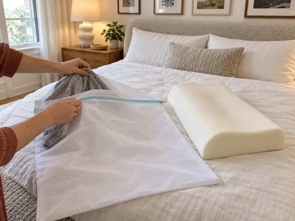 Hands sliding a gray knit pillow cover into an open mesh washing bag on a made bed beside the bare foam block