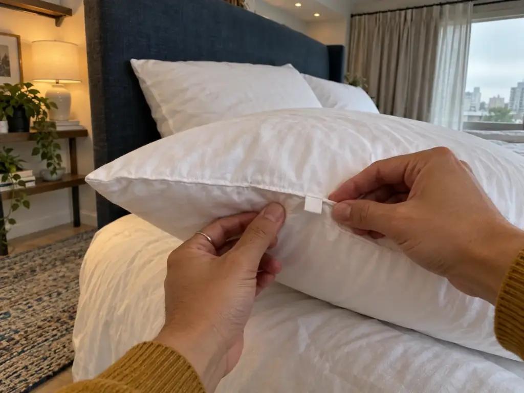 A woman's hands turn a pillow over to find the care tag sewn into its seam, the tag edge just visible on the bed