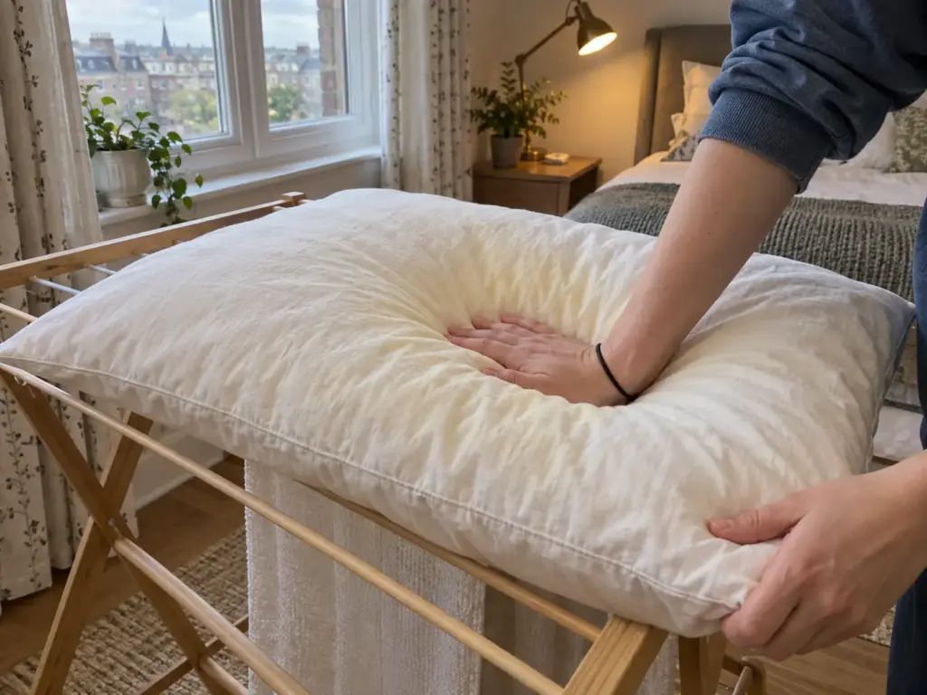 Hands pressing the center of a washed pillow on a drying rack to check it is dry all the way through