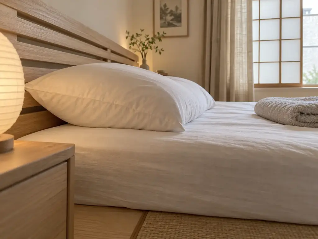 Side view of a pillow and mattress edge on a made bed, showing how the pillow rises above the mattress surface