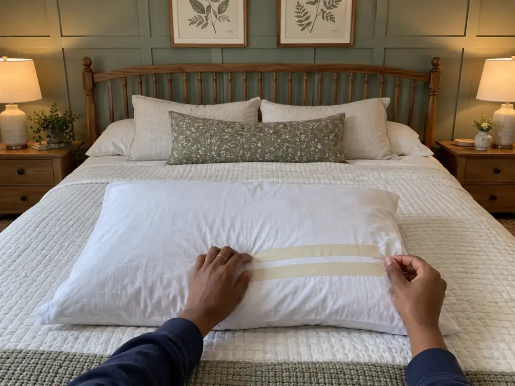 Hands pressing two strips of paper tape across a pillowcase on a made queen bed to mark where a shoulder reaches