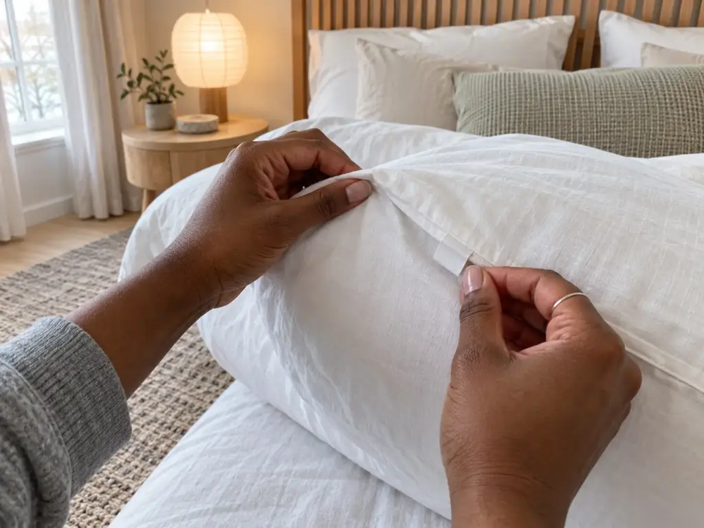 Hands turning a pillow on a made bed to find the care tag sewn into its seam