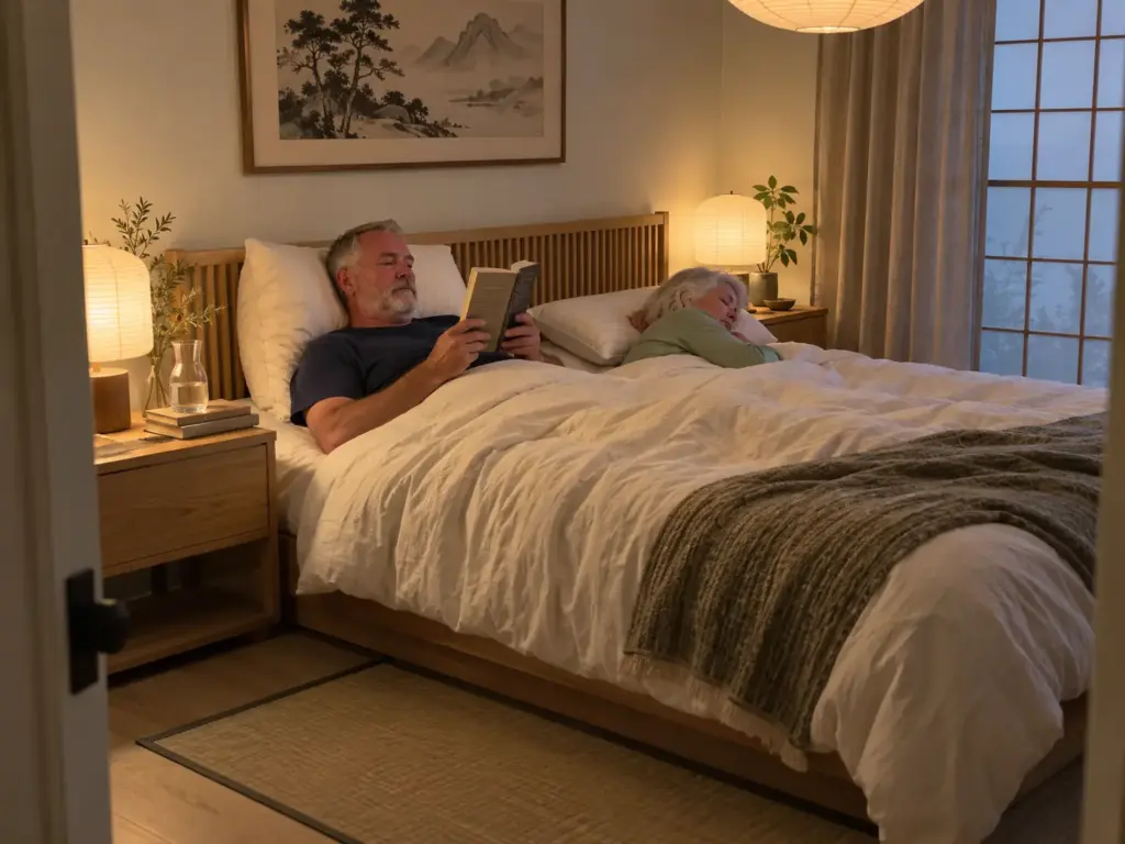 Couple in their sixties in bed reading, he on his back and she on her side, each with a pillow at a different height
