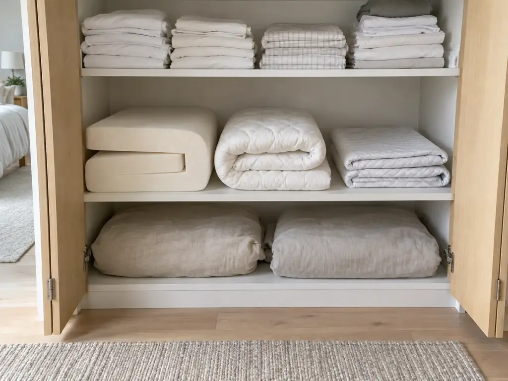 Three folded bedding layers of different thickness stacked on a shelf of an open closet in a bright bedroom