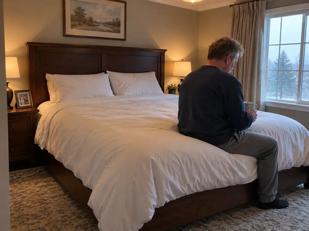 A man sits on the edge of a made queen bed holding a mug, looking down at the mattress corner under the sheet