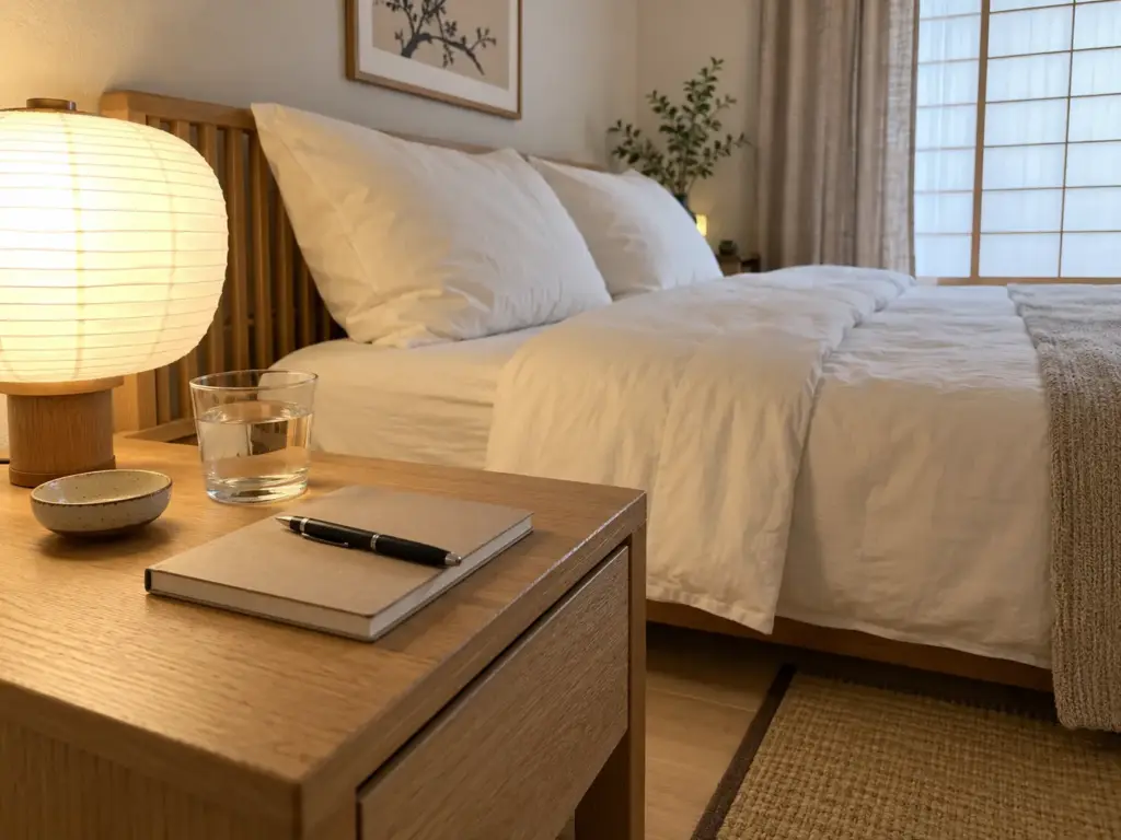 Closed paper notebook with a pen resting on a nightstand beside a lit lamp and a glass of water, bed made