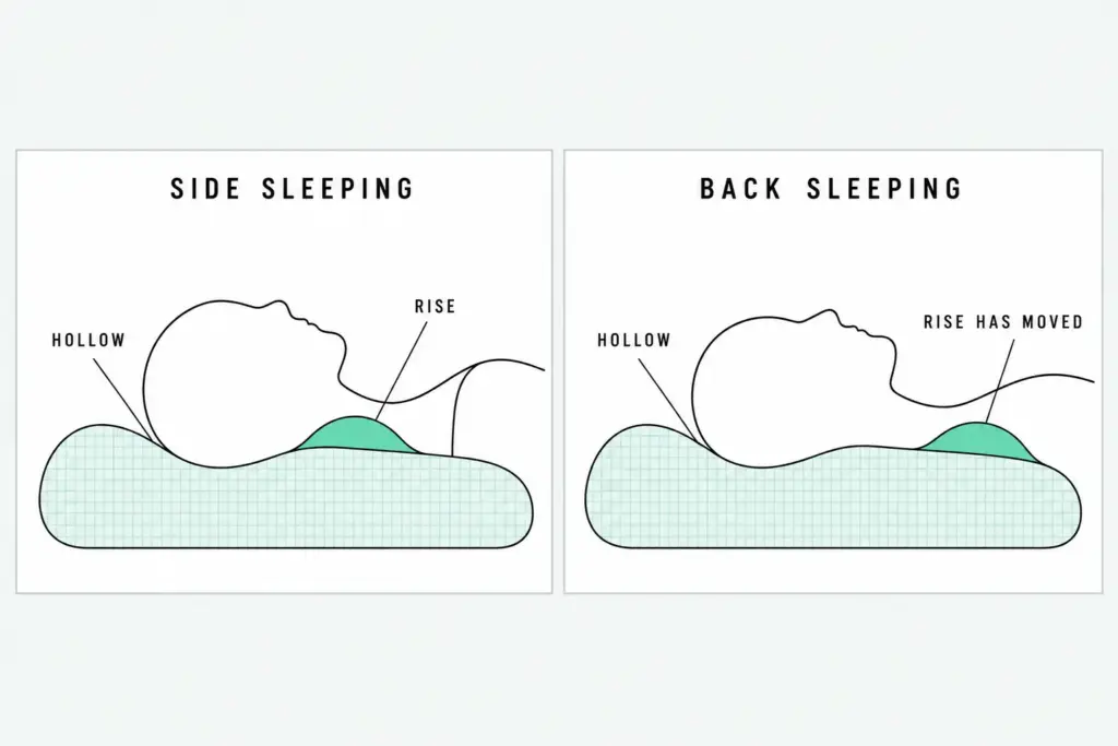 Line diagram of a cervical pillow rise on the side and on the back, showing that one fixed curve moves off the neck