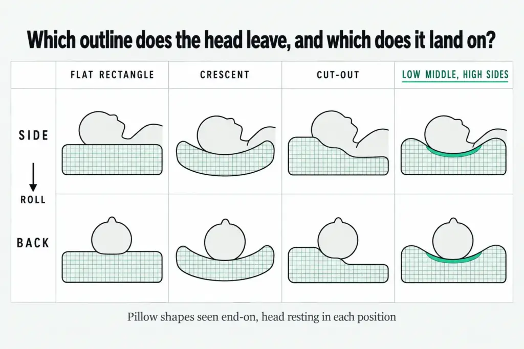 Four pillow shapes seen end-on, with a head on its side and on its back on each: flat, crescent, cut-out, lower middle.