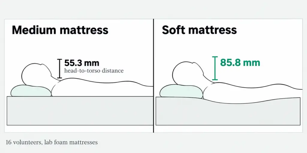 Flat side-view diagram of a sleeper on a medium and a soft mattress, head-to-torso distance 55.3 mm against 85.8 mm