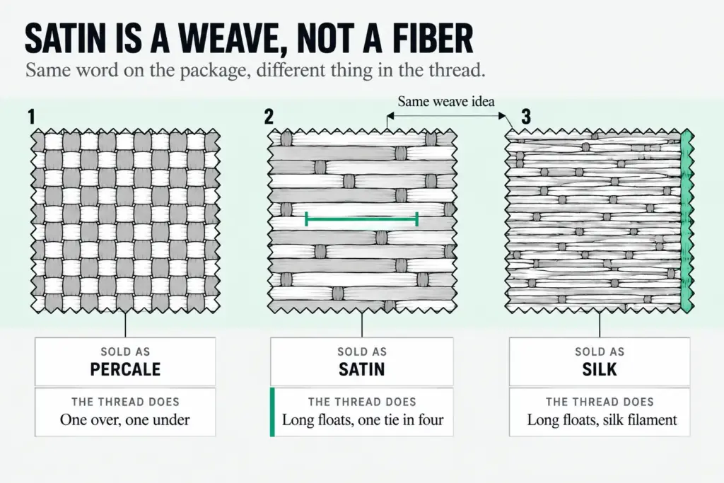 Three weave swatches: percale, sateen sold as satin, and silk charmeuse, with what each thread does
