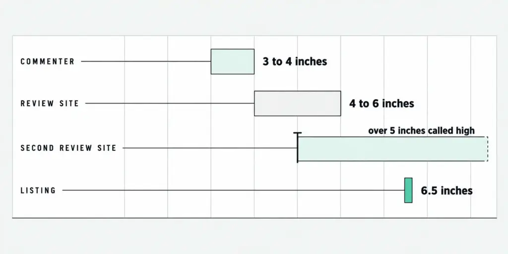 Flat bar chart of the pillow heights quoted for side sleepers, four sources that disagree, with the 6.5-inch listing marked