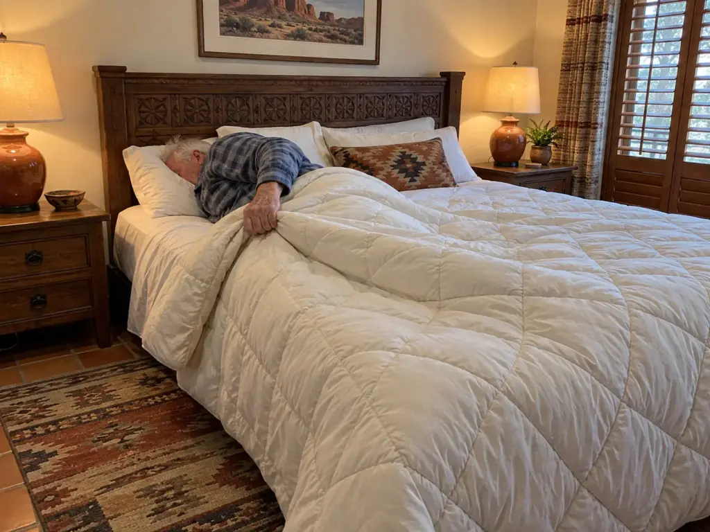 Man in his late sixties on his side in bed lifting the edge of a thick quilted comforter with his forearm to turn over
