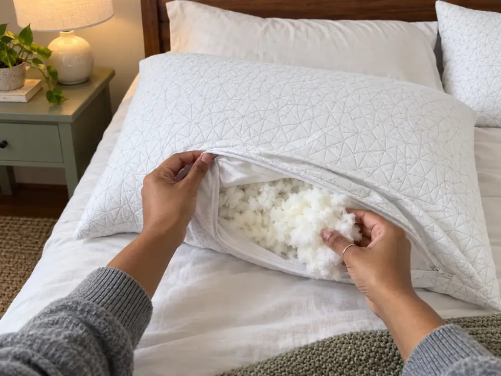 Hands drawing a handful of fill out of an adjustable pillow's opened inner cover on a made bed