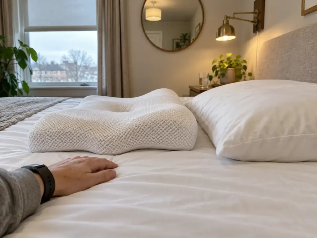 Hollow-design cervical memory foam pillow on a made bed seen from the side with a hand resting beside its raised edge