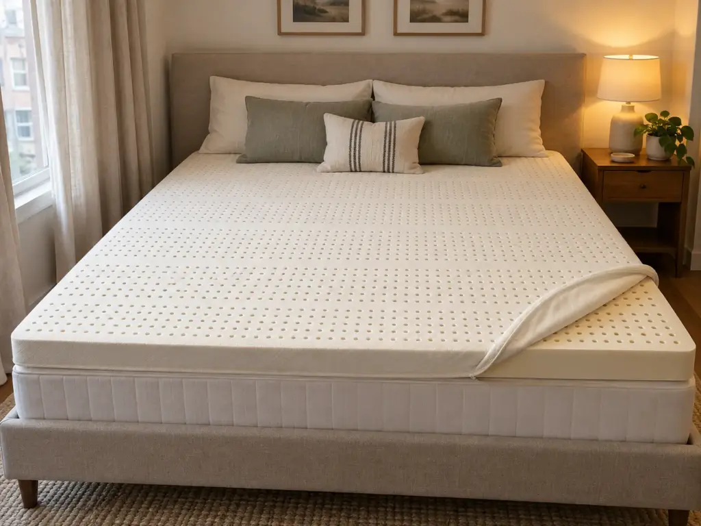 A thick natural latex topper laid on a mattress in a studio alcove with one corner folded back to show the latex