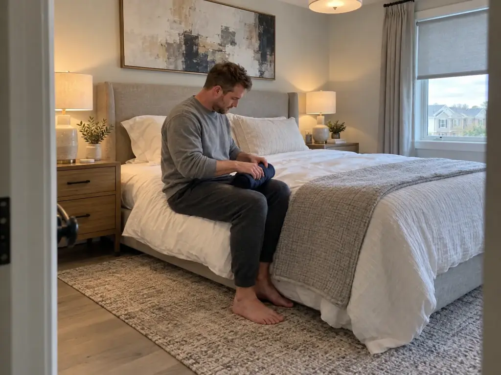 Man in a grey sweatshirt rolling a navy sweatshirt into a tube on a made bed beside a plain pillow