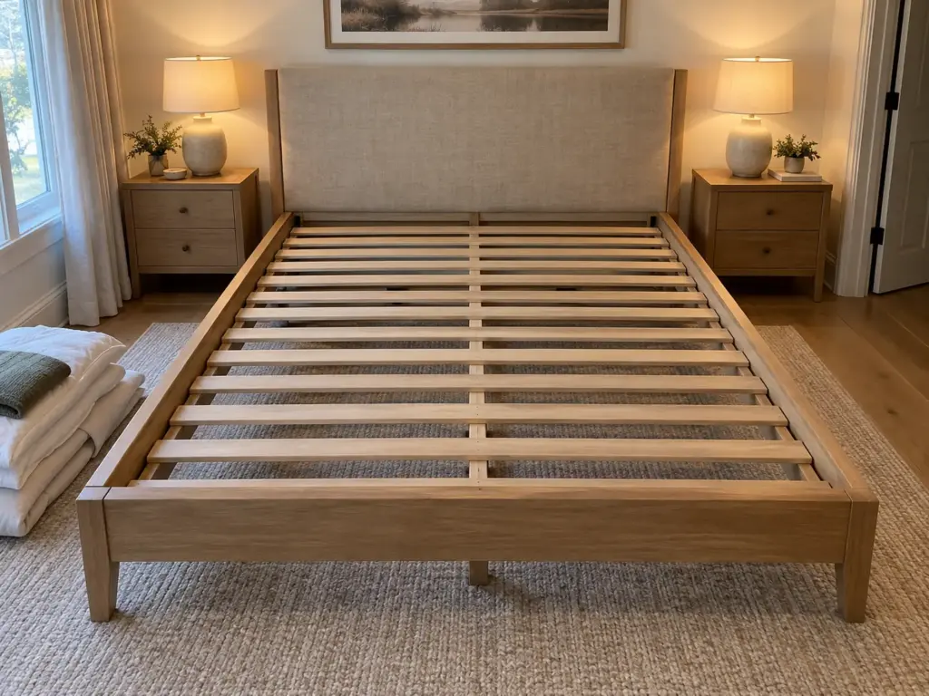 An oak queen bed frame with the mattress taken out, showing a slat base with wide gaps between the slats