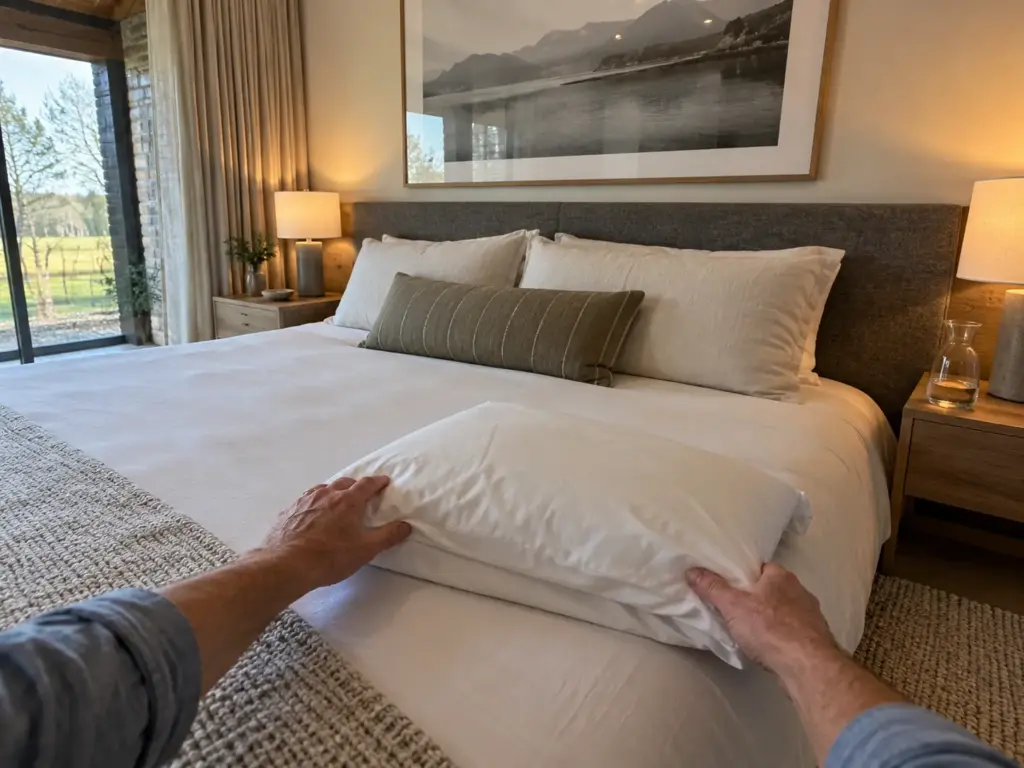 Hands setting a folded ordinary bed pillow on a made queen bed in a barn-conversion bedroom