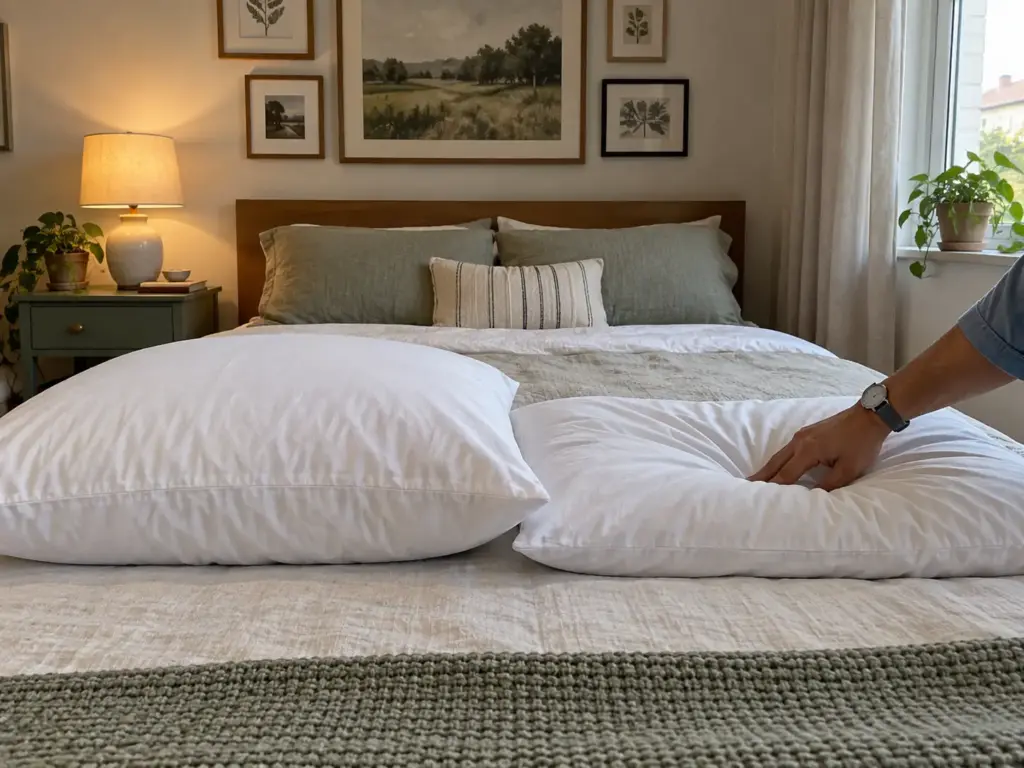Two side-sleeper pillows on a bed, one still tall and one flattened, with a hand pressing the flat one to show lost height