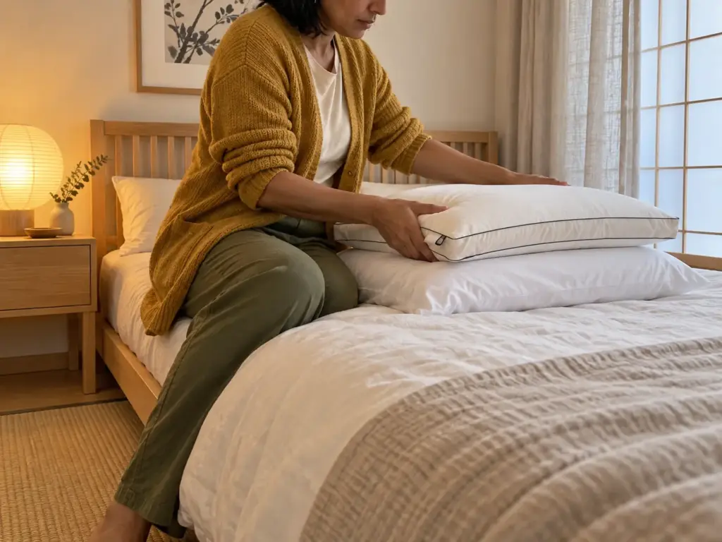 Woman seated on the bed edge laying a flat pillow on top of a mid-height pillow to test how the stack sits