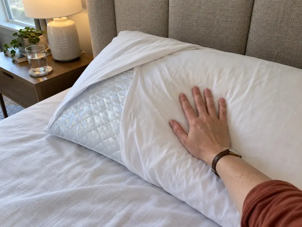 A hand resting flat on the cool side of a pillow with its cover turned back at one corner
