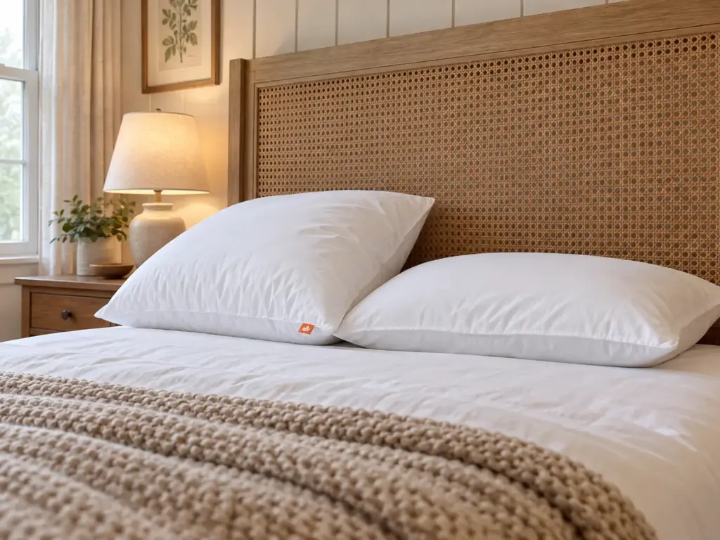 White down pillow plumped against a cane headboard beside a flatter pillow on a made bed