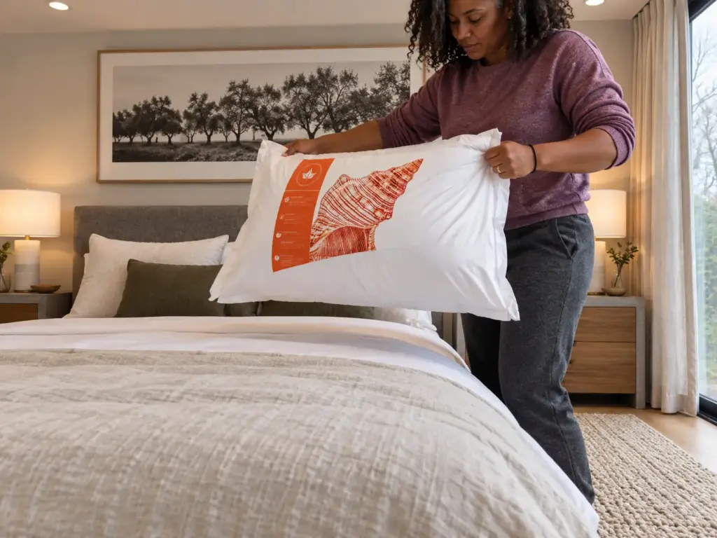 A woman shaking out a white down pillow by its two ends beside a made bed in a bright garden-room bedroom
