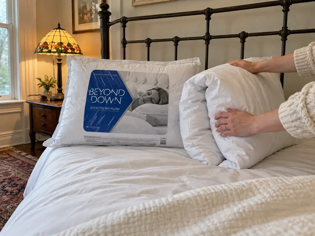 Hands folding a flat pillow in half beside a gusseted pillow against an iron headboard in a bungalow bedroom