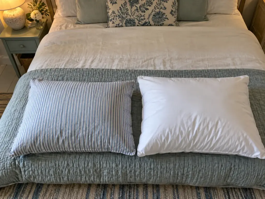 A feather pillow in a striped ticking cover beside a polyester pillow in a white cotton case on a folded quilt