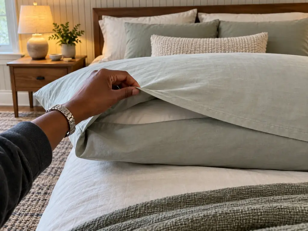 Hands lifting the overlapping flap on the back of a cotton pillowcase to show the pillow edge inside