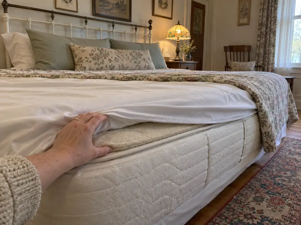 A hand folds back a sheet to show a thin flat wool mattress topper only a little taller than the sheet's hem