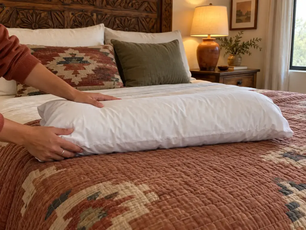 Hands folding a standard bed pillow in half lengthwise on a made bed as a free stand-in for a body pillow