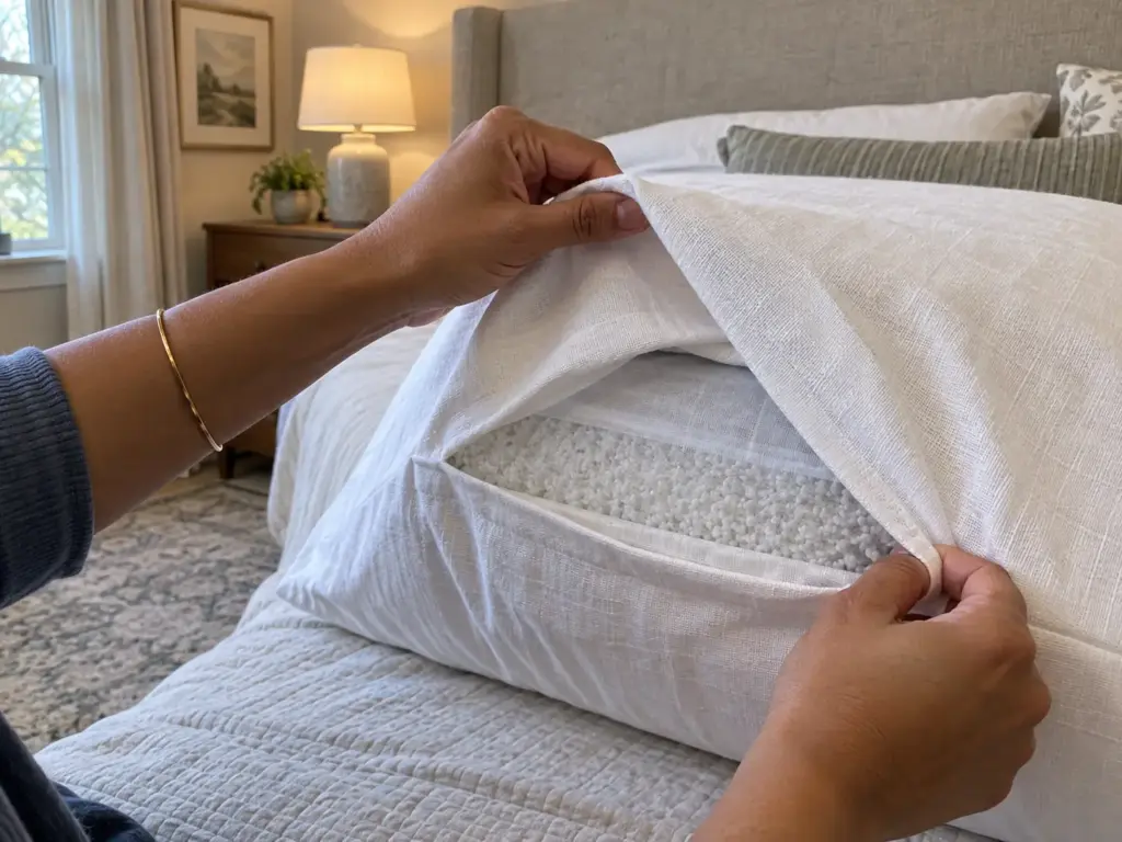 Hand lifting the corner of a cotton pillow cover to show its weave over a buckwheat pillow on a made bed