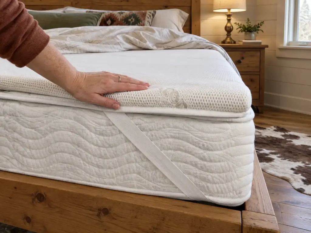 The corner of a queen mattress with a latex topper held in place by its elastic corner band, a hand smoothing the edge